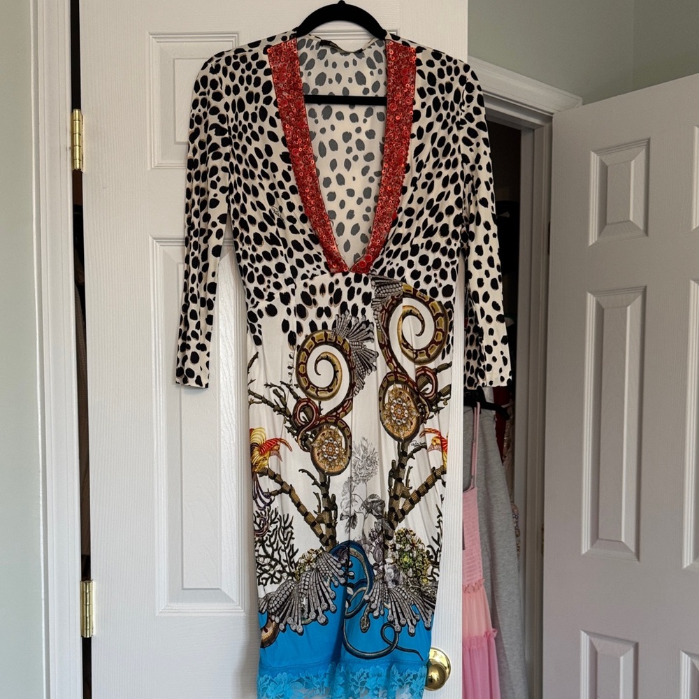 Roberto Cavalli Black and White Long Sleeve Dress with Red and Blue Accents